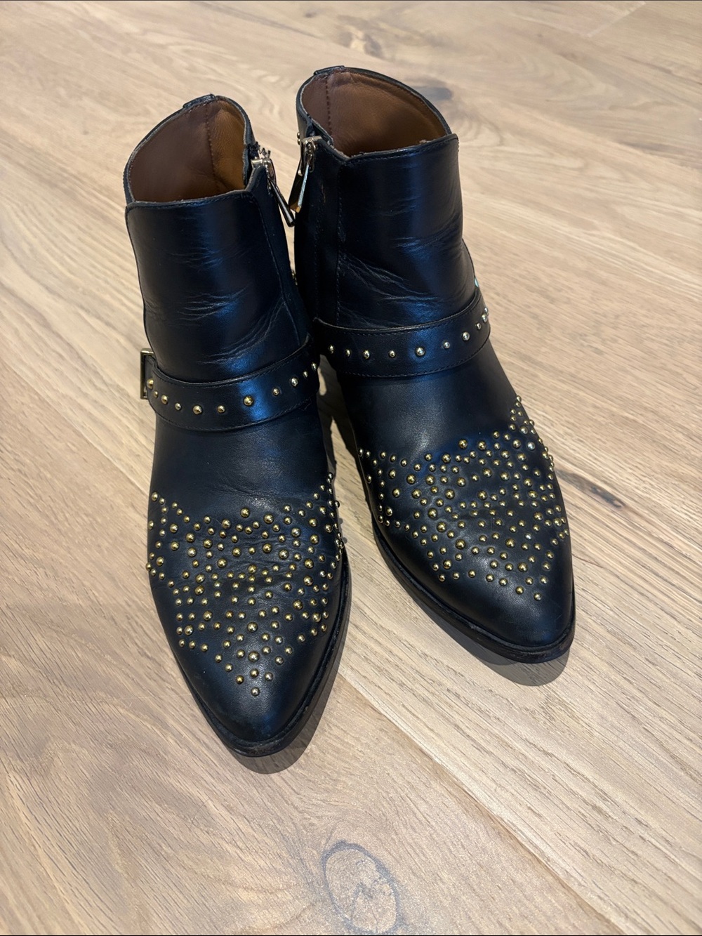 & Other Stories Black Leather Studded Pointed Ankle Boots with Gold Studs